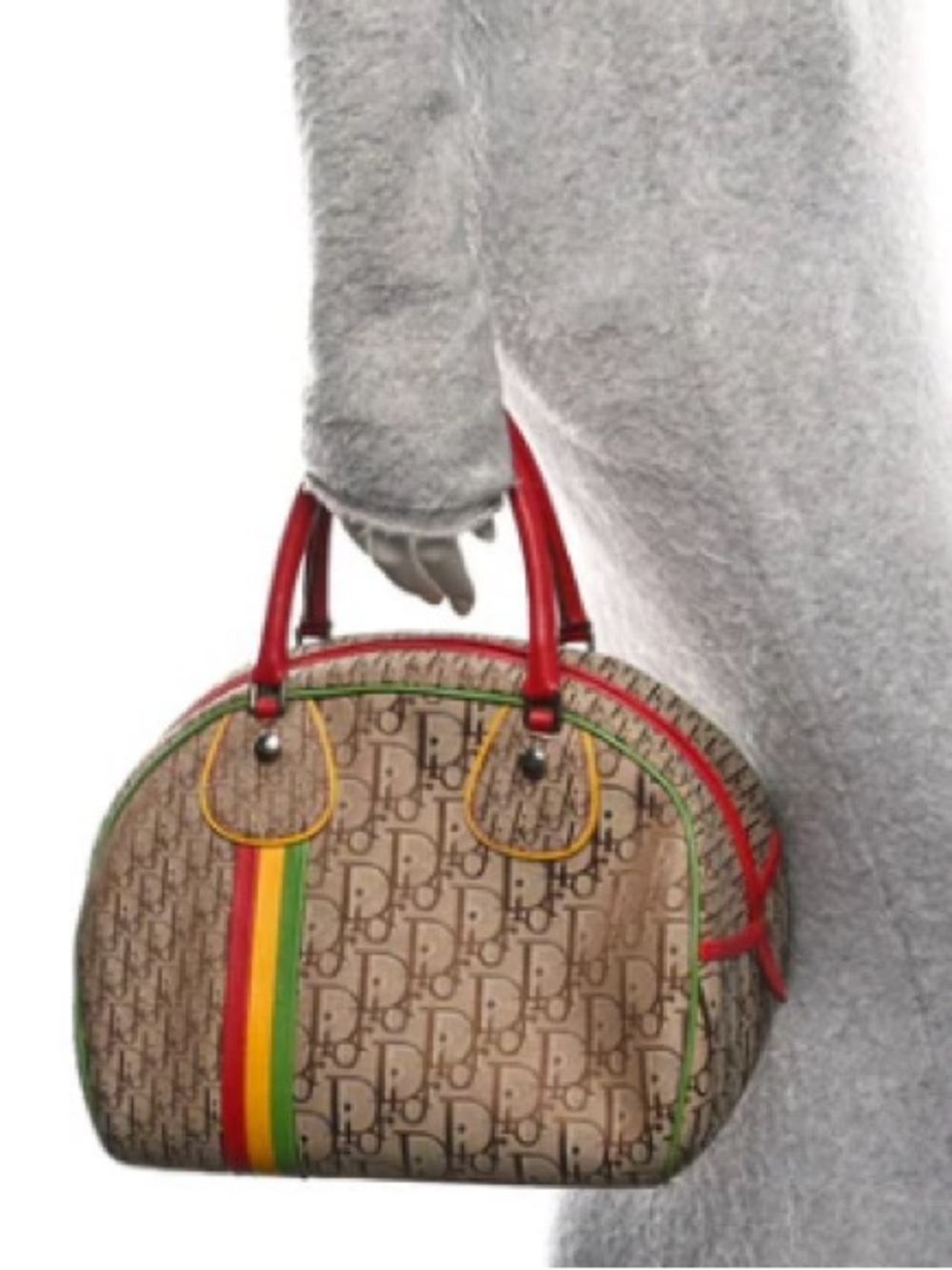 Dior Beige Monogram Bowler Bag with Red Handles and Rasta Stripe